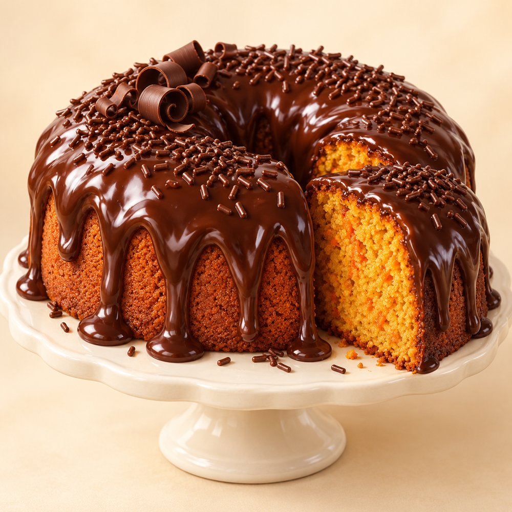 Bolo de cenoura artesanal com cobertura de brigadeiro de chocolate e granulado, num prato de bolo branco