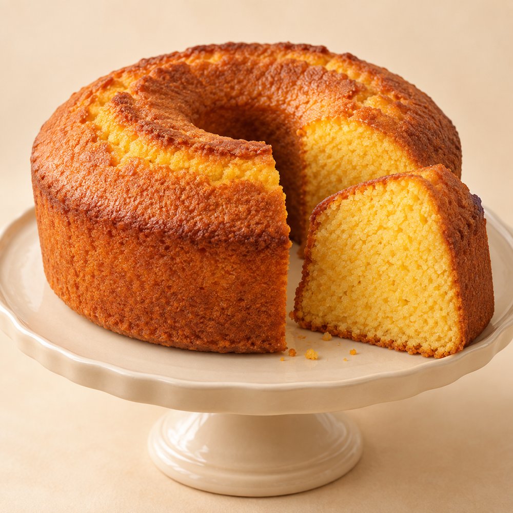 Bolo de fubá dourado fatiado num prato de bolo branco