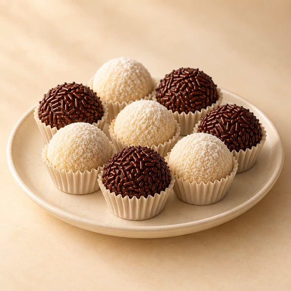 Prato com brigadeiros artesanais de chocolate e de coco em formas de papel